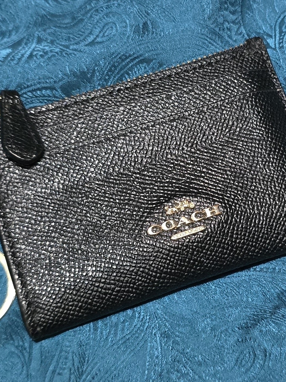 Coach Black Textured Leather Card Holder with Gold Logo Accent